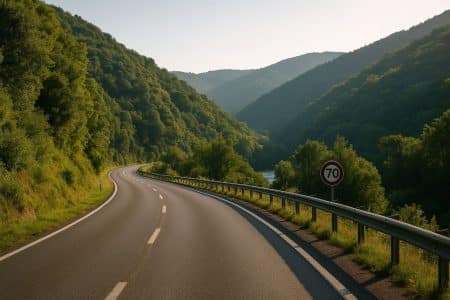 Route départementale sinueuse bordée de forêts et de collines en Ardèche, sous une lumière de fin de journée.