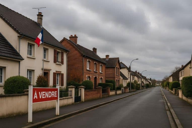Rue résidentielle française avec panneau “À VENDRE” et drapeau tricolore, ciel gris