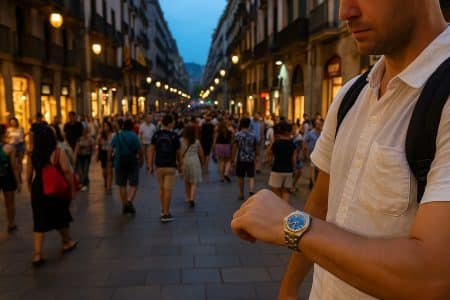 Touriste consultant sa montre dans une rue très fréquentée de Barcelone en début de soirée.