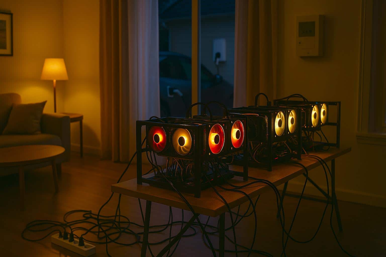 Séjour d’un Airbnb, au crépuscule, envahi par trois rigs de minage illuminés, câbles entremêlés et voiture électrique branchée visible à travers la fenêtre.
