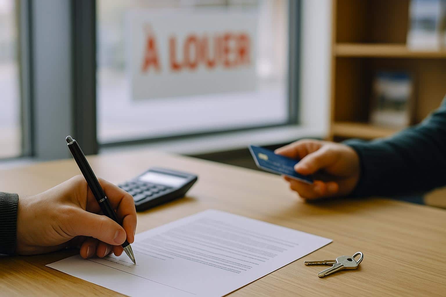 Locataire signant un bail en agence, carte bancaire posée sur le contrat, calculatrice et clés sur un bureau en bois, panneau “À louer” flou en arrière-plan.