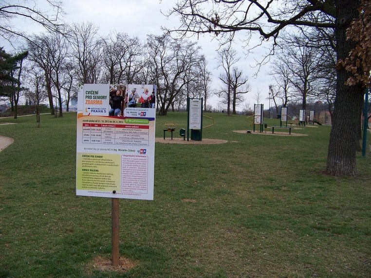 Équipements d’exercice en plein air dédiés aux personnes âgées dans un parc urbain.