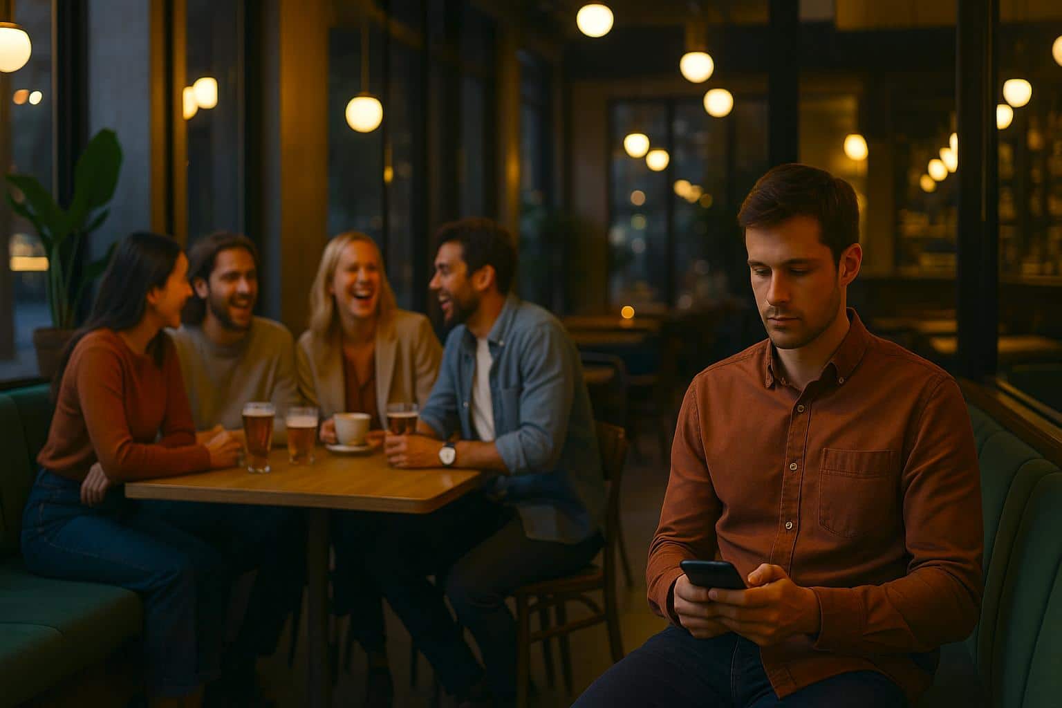 Terrasse intérieure d’un café en soirée ; un convive isolé, absorbé par son téléphone, tandis qu’un groupe d’amis rit à une table voisine.