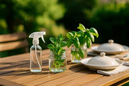 Terrasse d’été ensoleillée avec table en bois, vaporisateur d’alcool vinaigré et petits bouquets de menthe et basilic, plats couverts, sans mouches visibles.