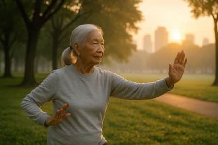 Femme très âgée pratiquant le tai-chi dans un parc au lever du soleil.