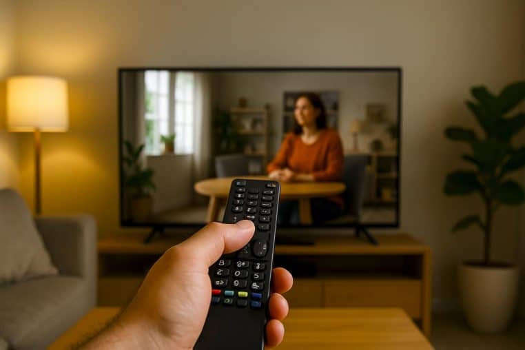 Main tenant une télécommande pointée vers un téléviseur allumé dans un salon chaleureux, symbole d’un changement de chaîne sur la TNT.