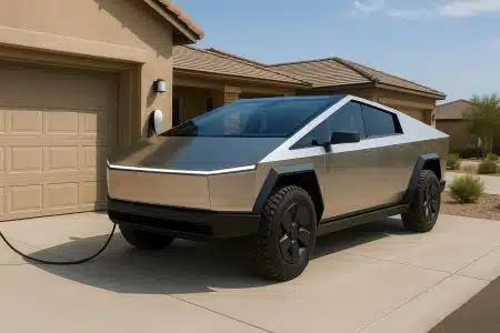 Tesla Cybertruck garé dans une allée résidentielle en Arizona, branché à une borne de recharge domestique.
