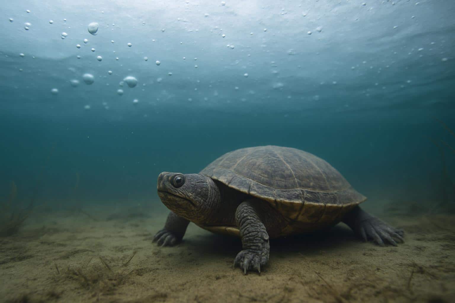 Tortue d’eau douce immobile au fond d’un lac, sous une fine couche de glace avec bulles d’air et herbiers.