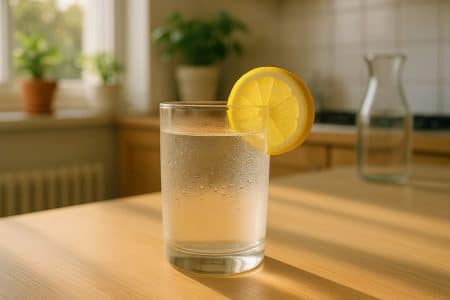 Verre d’eau glacée avec tranche de citron sur un plan de travail éclairé par le soleil, gouttes de condensation visibles.