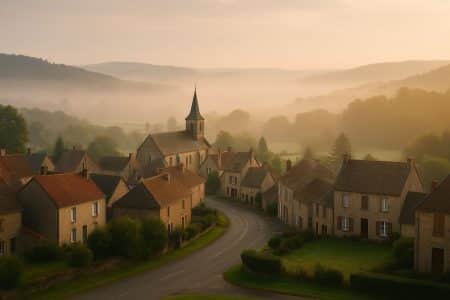 Village du Massif central au petit matin, brume légère, clocher et maisons en pierre, route départementale sinueuse.