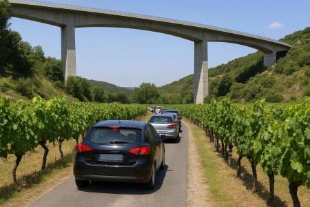 Voitures de vacanciers s’engageant sur un chemin de vigne très étroit sous un viaduc, près de Soubès.