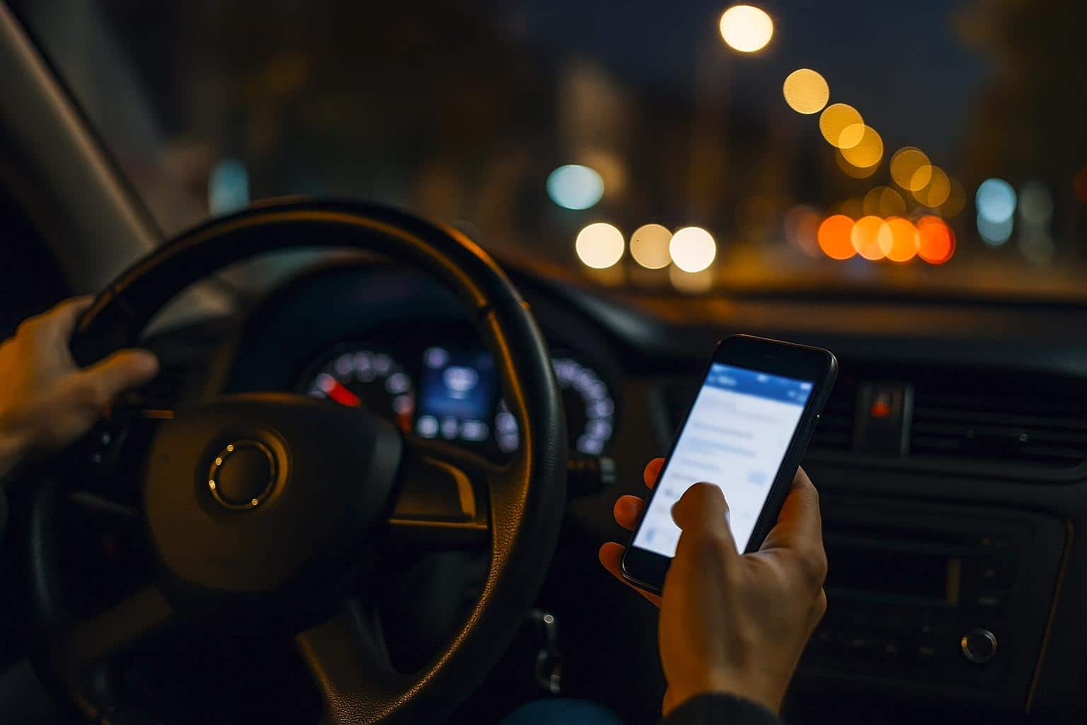 Conducteur de nuit tenant un smartphone d’une main, volant dans l’autre, avec les lumières de la ville en bokeh à travers le pare-brise.