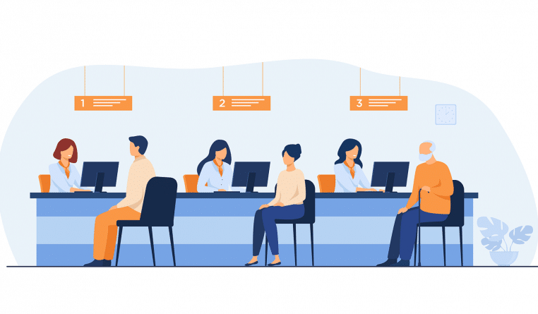 Illustration d’un guichetier de banque derrière un comptoir.