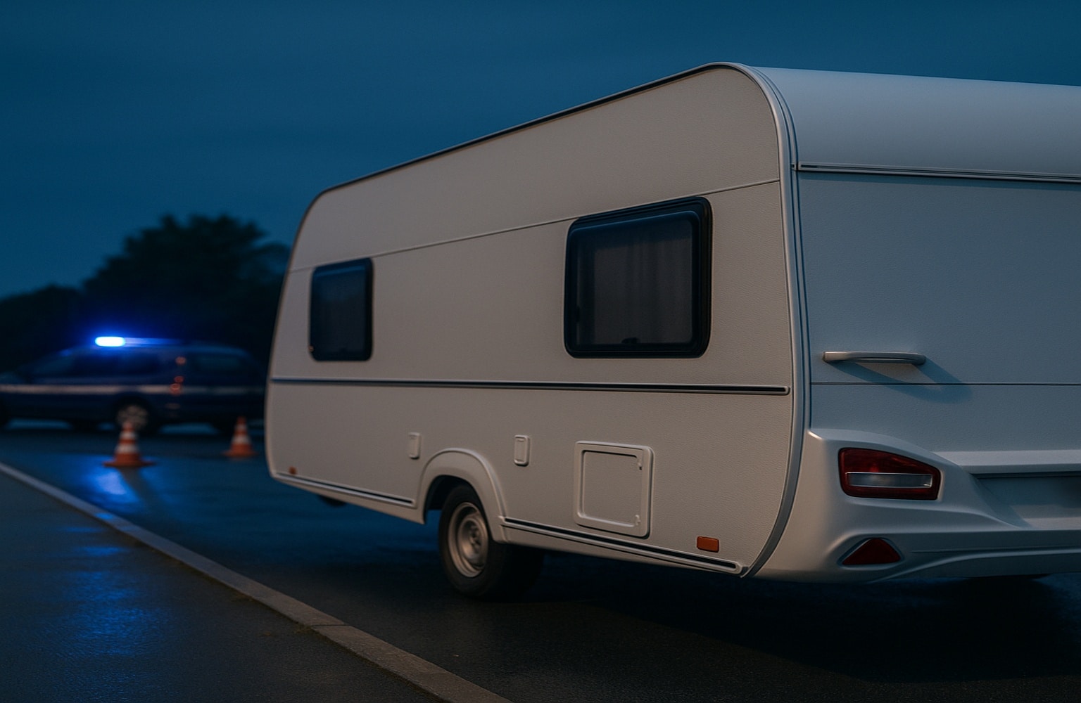 Caravane blanche immobilisée sur une aire d’autoroute au crépuscule, gyrophares bleus d’un véhicule de gendarmerie visibles au loin, chaussée humide.
