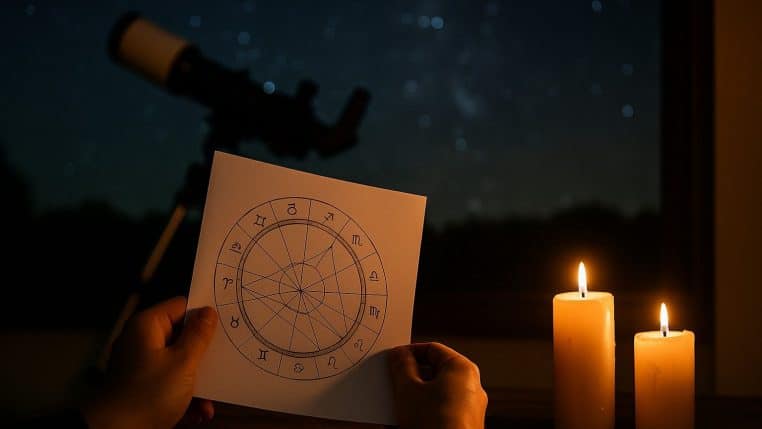 Mains tenant une carte du ciel avec les signes du zodiaque, bougies allumées, ciel étoilé en arrière-plan.