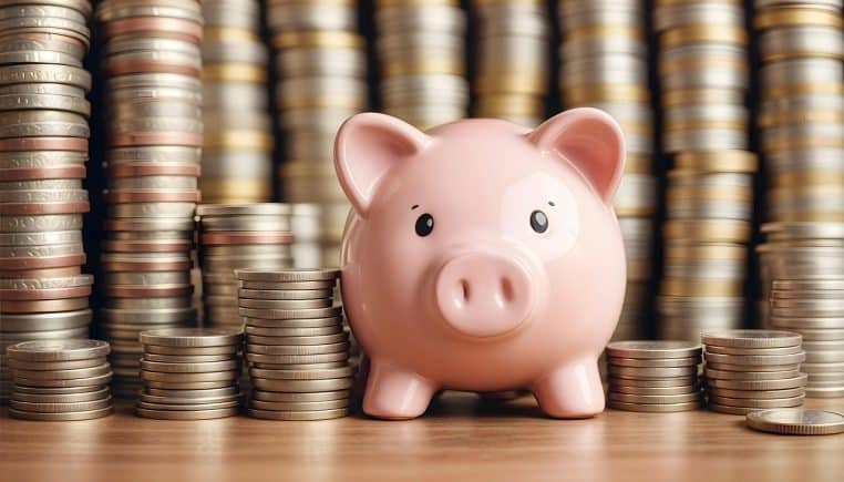 Tirelire rose entourée de piles de pièces.