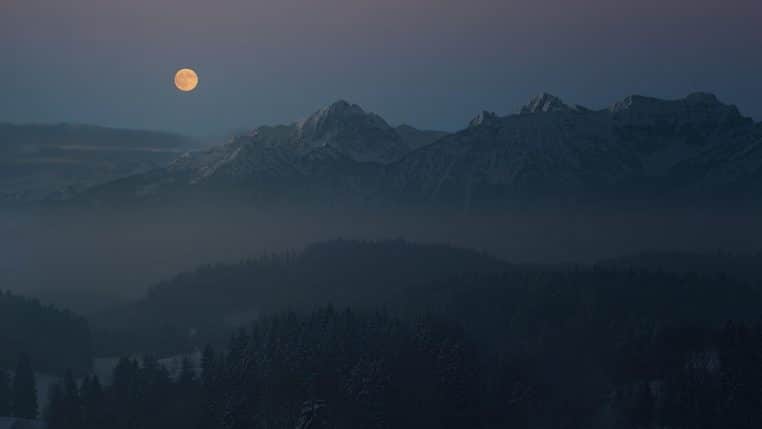 night, moon, mountains, alps, landscape, full moon, dark, nature, moonlight, fantasy, heaven, mystical, forest, winter, snow, night sky