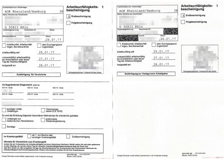 Formulaire allemand d’arrêt maladie 2017 en gros plan