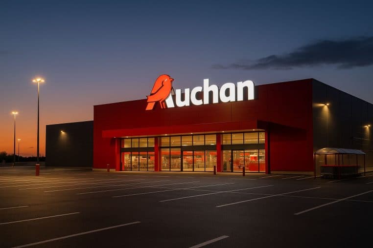 Façade d’un hypermarché Auchan au crépuscule, parking vide, entrée éclairée