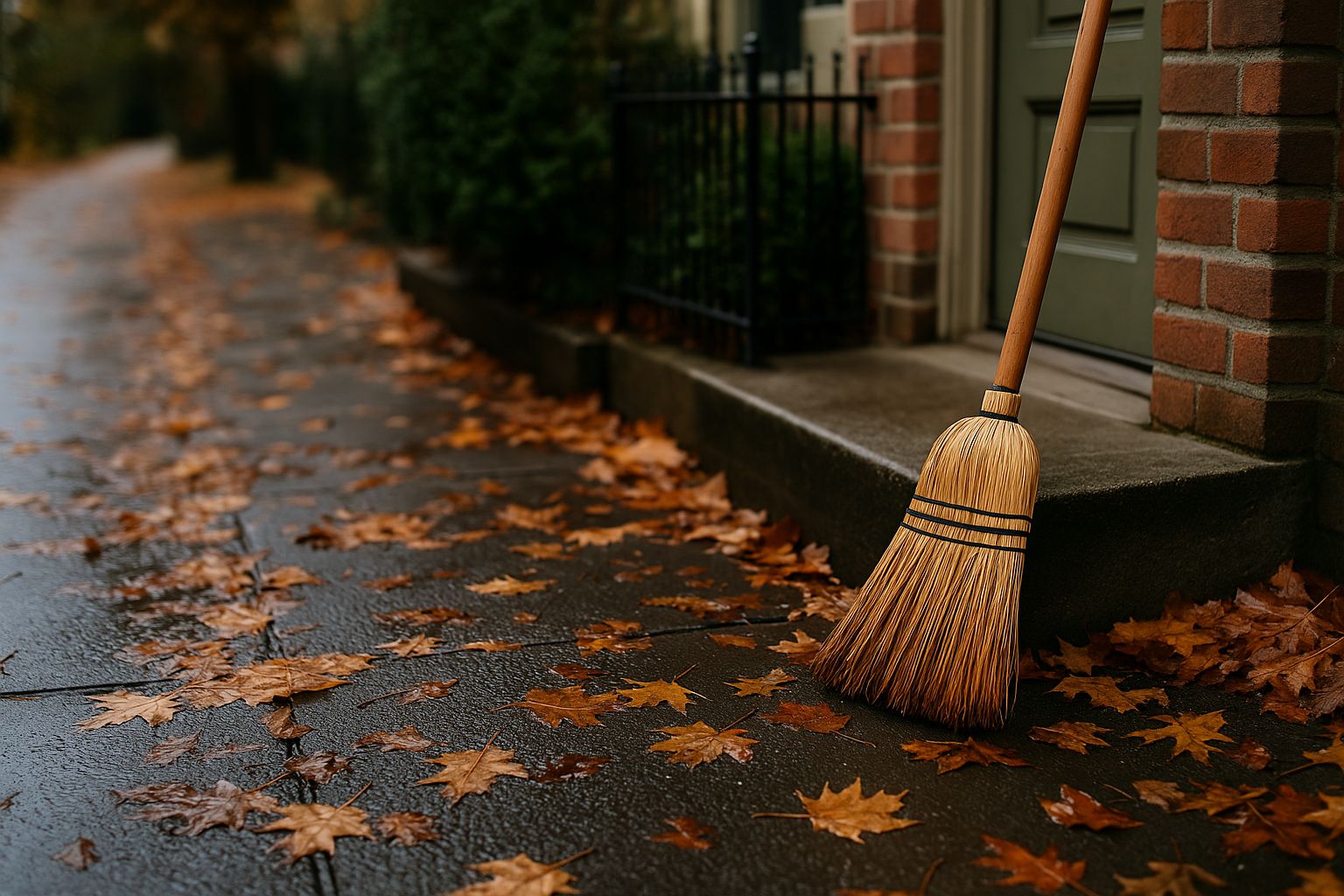 Trottoir d’automne mouillé couvert de feuilles mortes devant une maison en briques, avec un balai appuyé sur la marche