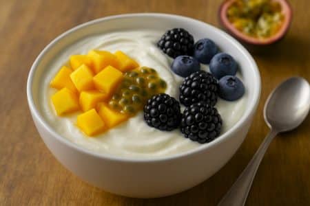 Bol de skyr crémeux garni de mangue, fruit de la passion, mûres et myrtilles sur table en bois, cuillère en inox à côté, lumière naturelle douce.