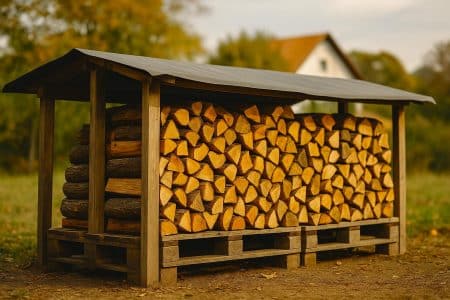 Tas de bois de chauffage surélevé sur palettes, abrité par un petit toit, côtés ouverts pour la ventilation, bâche posée uniquement sur le dessus, en extérieur.