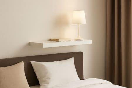 tablette murale blanche installée au-dessus d’une tête de lit, avec petite lampe allumée et livre posé, dans une chambre minimaliste baignée de lumière naturelle