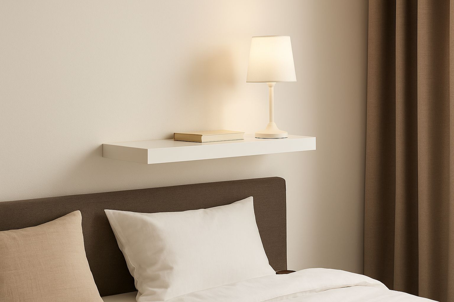 tablette murale blanche installée au-dessus d’une tête de lit, avec petite lampe allumée et livre posé, dans une chambre minimaliste baignée de lumière naturelle