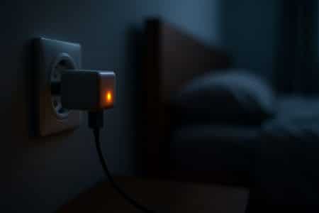 chargeur de smartphone resté branché dans une prise murale, voyant lumineux allumé dans une chambre sombre