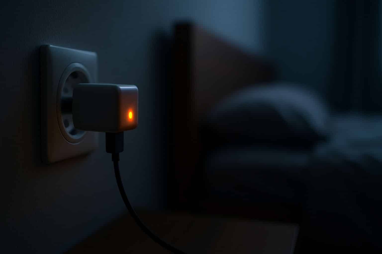 chargeur de smartphone resté branché dans une prise murale, voyant lumineux allumé dans une chambre sombre