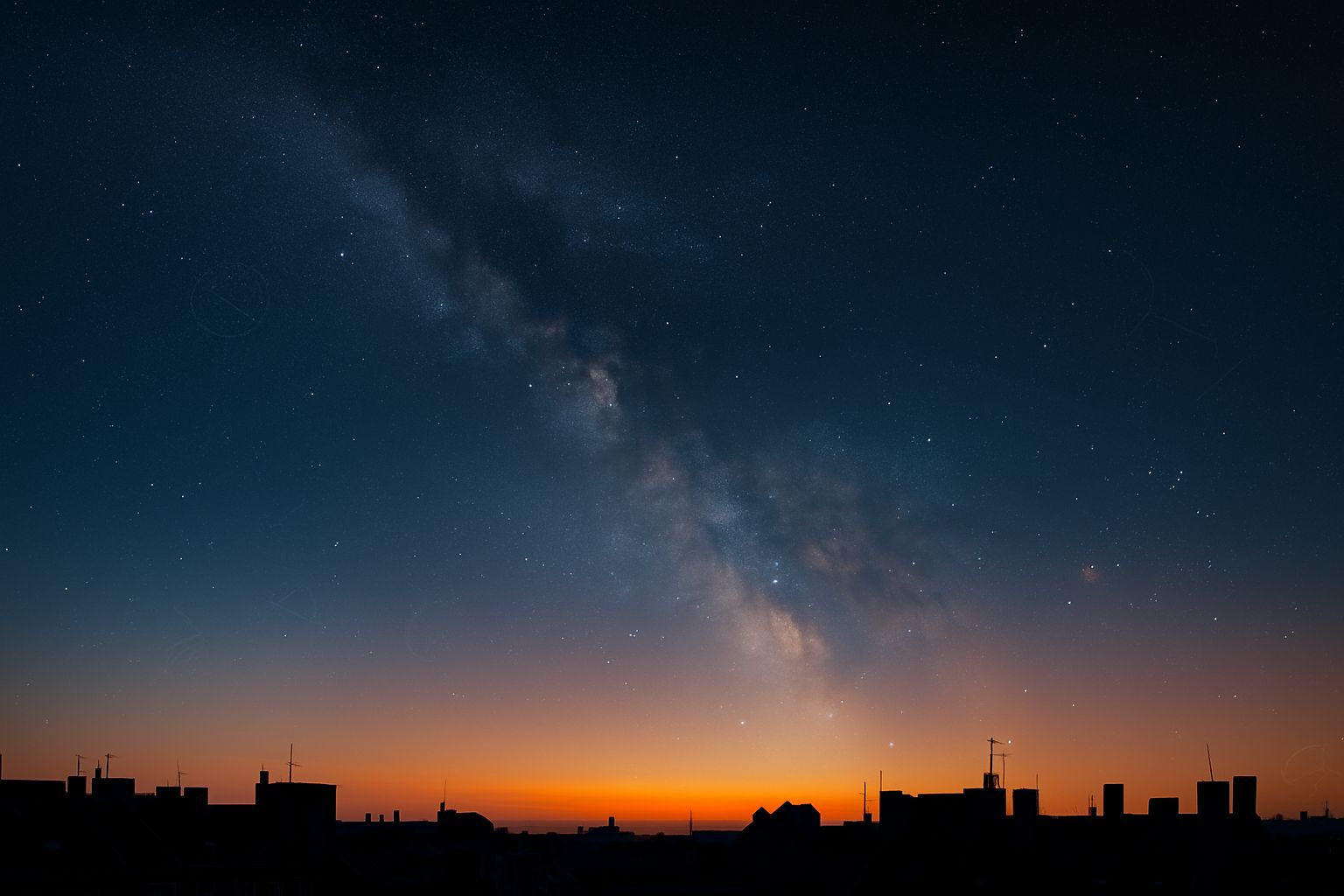 Ciel nocturne réaliste au-dessus de toits urbains au lever du jour, avec la Voie lactée visible — métaphore d’un rêve qui se concrétise avant fin 2025.