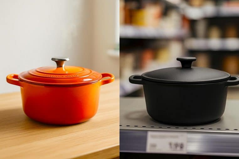 Face-à-face entre une cocotte en fonte émaillée de fabrication française posée sur un plan de travail et un faitout d’entrée de gamme sur une étagère de magasin, sans logos ni texte.