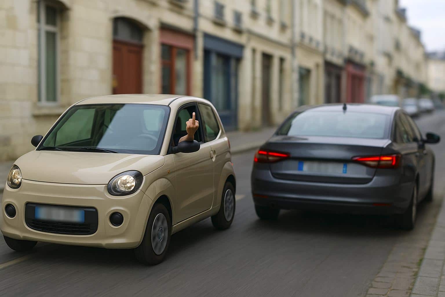 Microcar beige dépassant une berline grise banalisée dans une rue française, conducteur au geste obscène flouté, plaques et visages non identifiables.