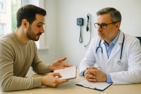 Patient présentant un journal de symptômes à son médecin pendant une consultation, dans un cabinet moderne et lumineux.