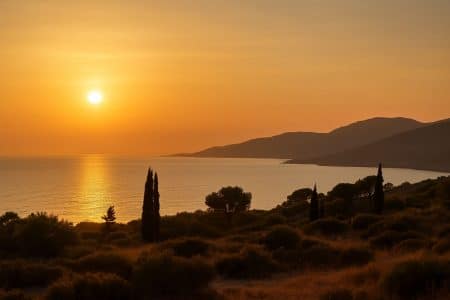 Soleil rasant sur la Méditerranée avec garrigue et cyprès, ambiance chaude de fin d’été dans le sud de la France.
