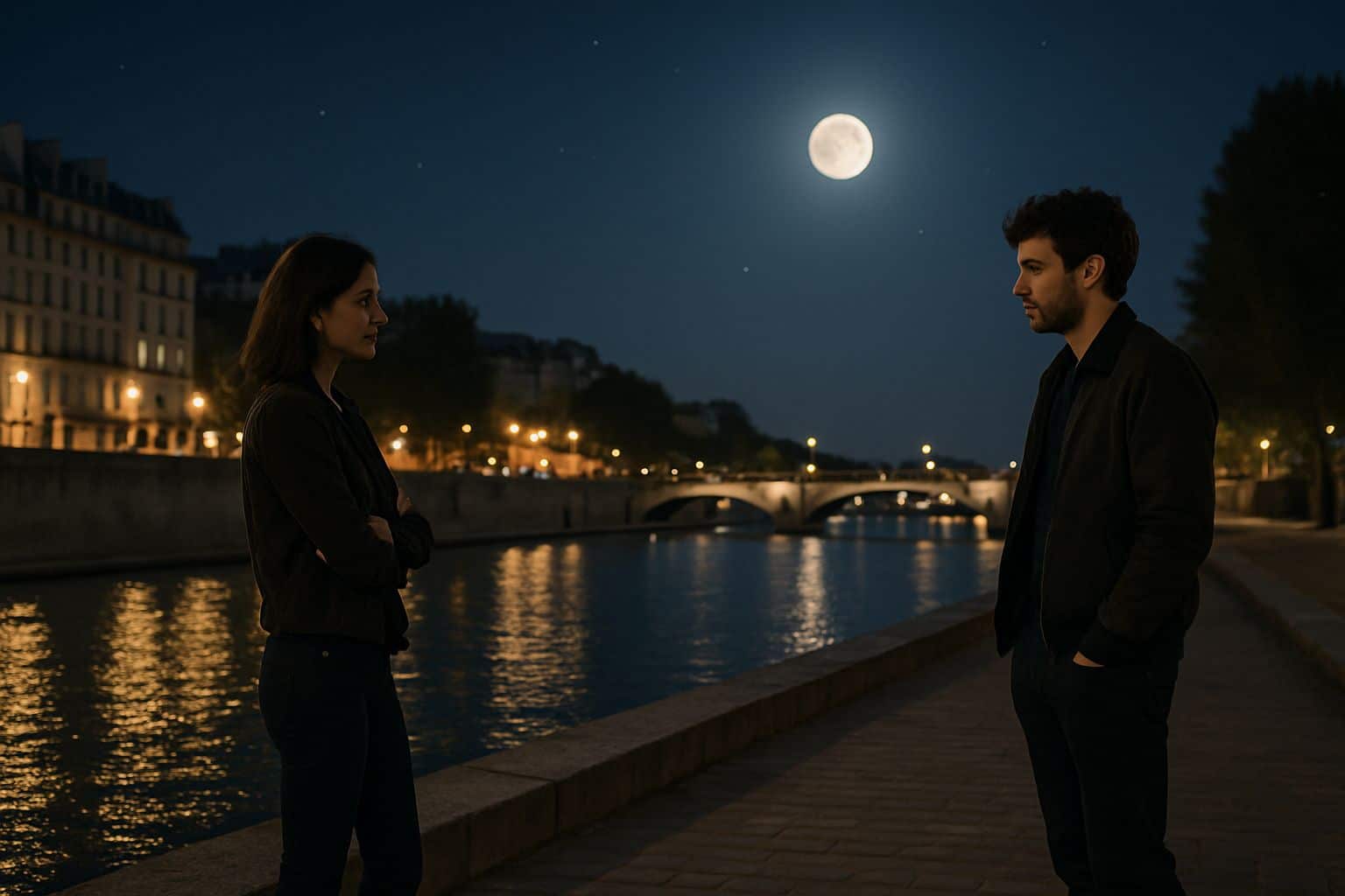 Couple sur les quais parisiens, de nuit, se faisant face à distance sous une pleine lune, lumières de la ville se reflétant dans la Seine, atmosphère de tension mesurée.