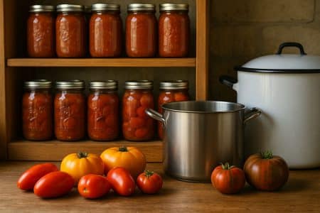 Étagères de bocaux de tomates maison dans une cuisine rustique, avec casseroles et tomates fraîchement cueillies prêtes à être transformées.