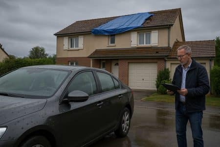 Voiture cabossée par la grêle devant une maison partiellement bâchée, expert d’assurance inspectant les dégâts sous la pluie