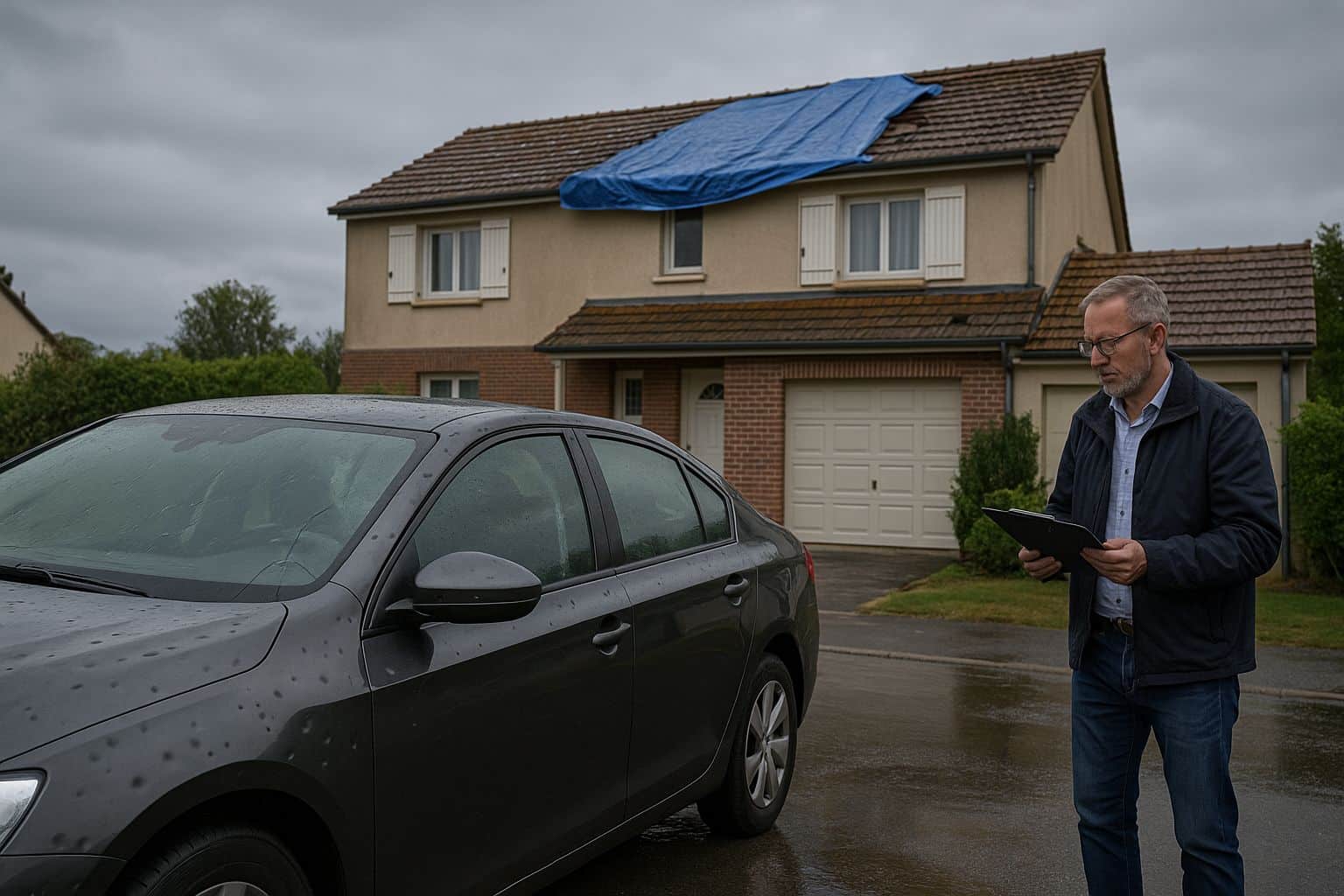 Voiture cabossée par la grêle devant une maison partiellement bâchée, expert d’assurance inspectant les dégâts sous la pluie