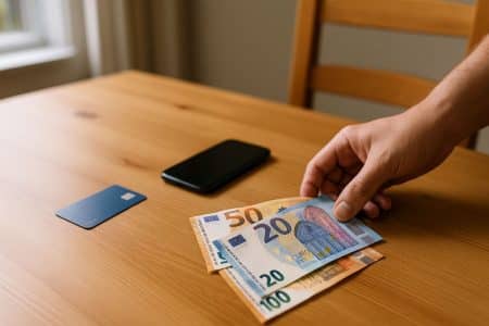 Main qui pose des billets en euros sur une table de cuisine, avec une carte bancaire et un smartphone éteint à côté, symbole de précaution en cas de panne numérique.