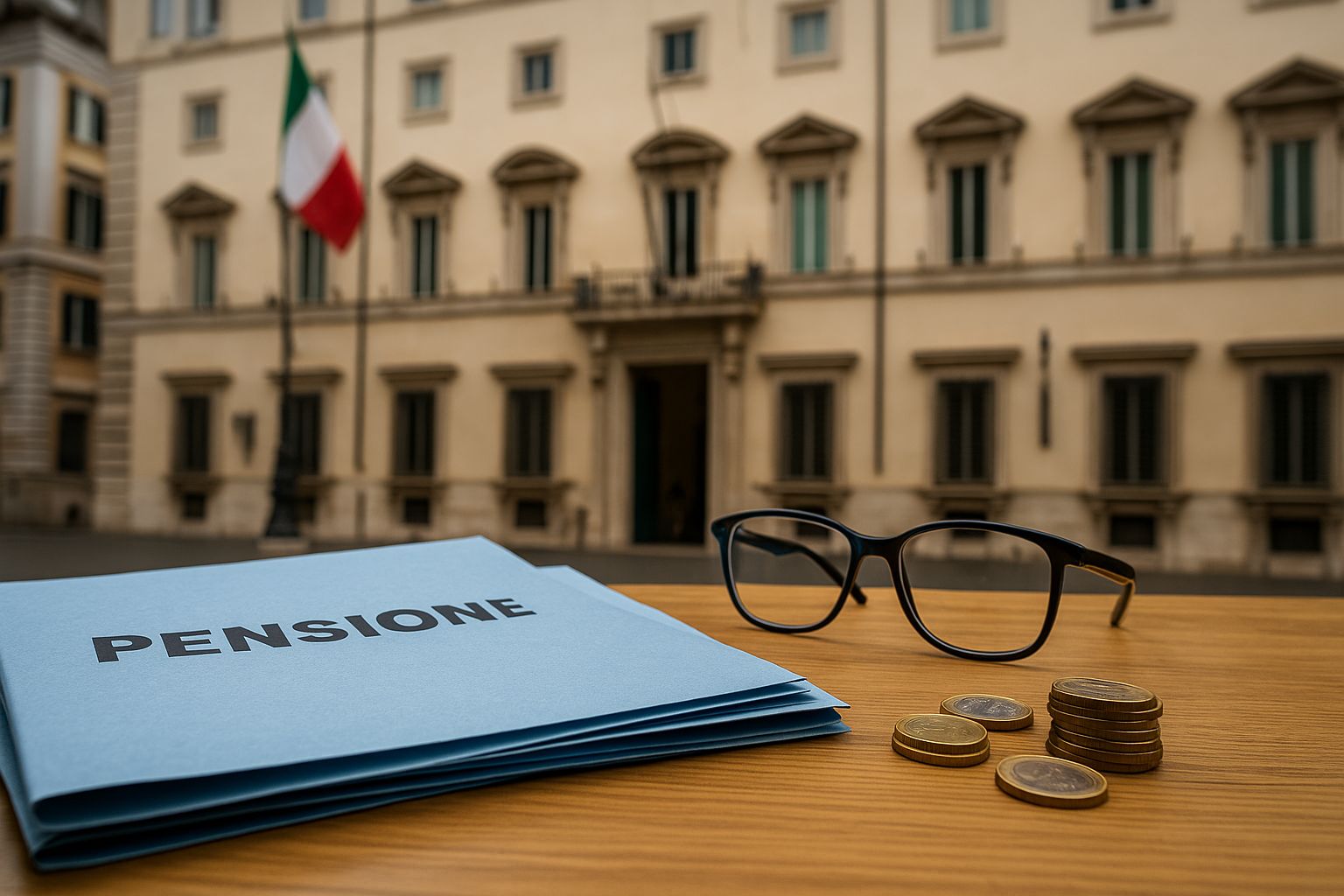 Palazzo Chigi à Rome vu en arrière-plan, dossiers de retraite, lunettes et pièces en euros posés sur une table au premier plan, ambiance réaliste en 16:9.
