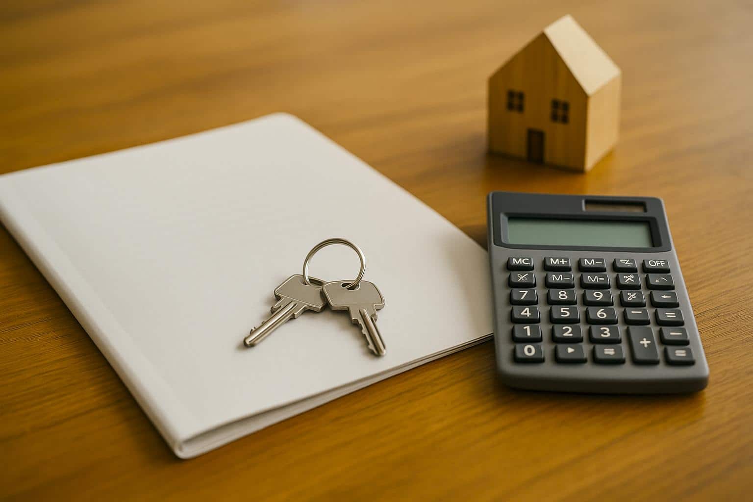 Dossier de propriété, calculatrice et trousseau de clés sur une table en bois, symbole d’une taxe foncière partagée en indivision après divorce.