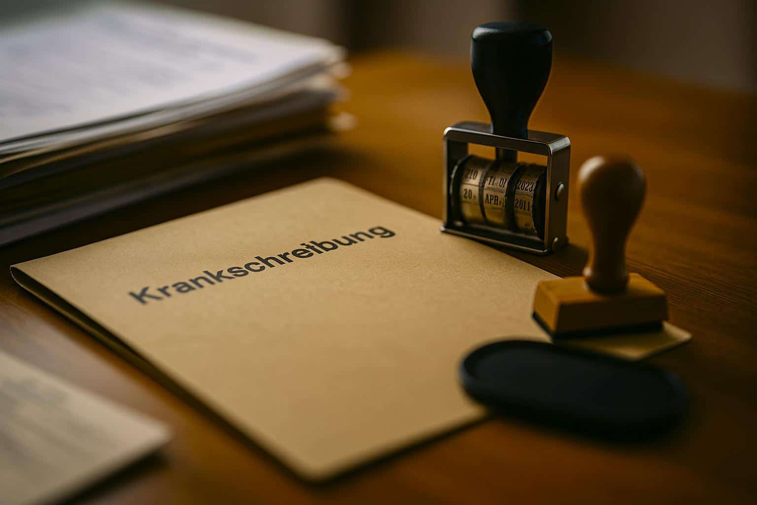 Bureau administratif allemand avec dossier cartonné, tampon dateur et tampon encreur, lumière naturelle — évocation d’un contrôle d’arrêt maladie