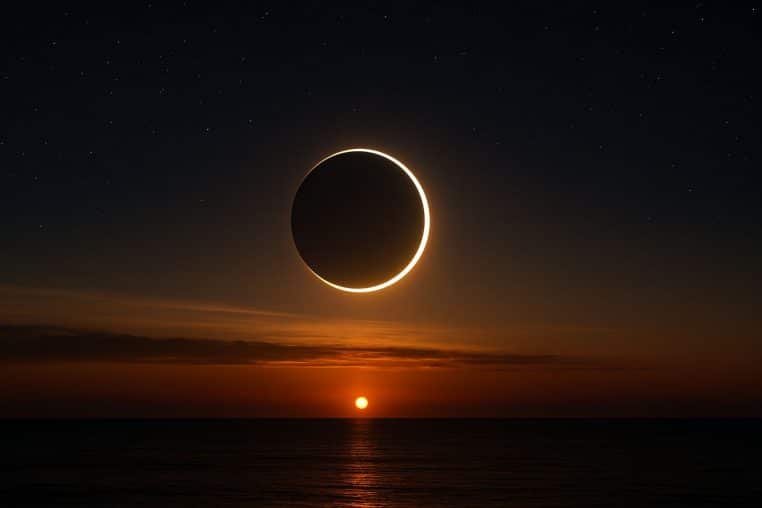 Éclipse solaire au-dessus de l’océan au coucher du soleil, ciel sombre et liseré lumineux autour de la Lune.