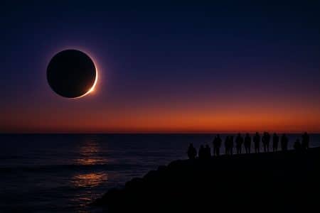 Éclipse solaire au crépuscule au-dessus de l’océan, mince croissant lumineux bordant le disque noir et silhouettes de spectateurs sur une digue.