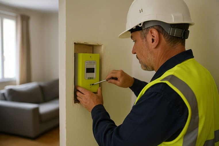 Électricien retirant un compteur Linky encastré dans un salon, symbole d’un retrait ordonné après décision de justice.