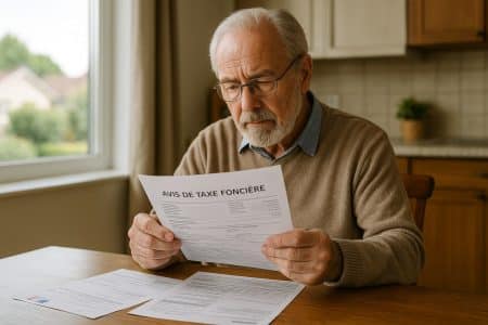 Un retraité consulte son avis de taxe foncière à la table de sa cuisine, documents fiscaux français.