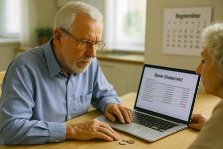 Couple de retraités consultant leur relevé bancaire sur un ordinateur, calendrier de septembre au mur et quelques pièces posées sur la table.