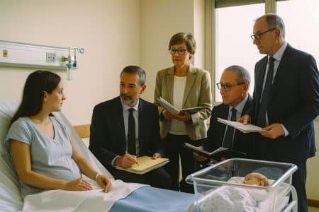 Jeune mère italienne dans une chambre de maternité à Catane, discutant avec des professeurs venus évaluer sa candidature, son nouveau-né dormant dans un berceau transparent.