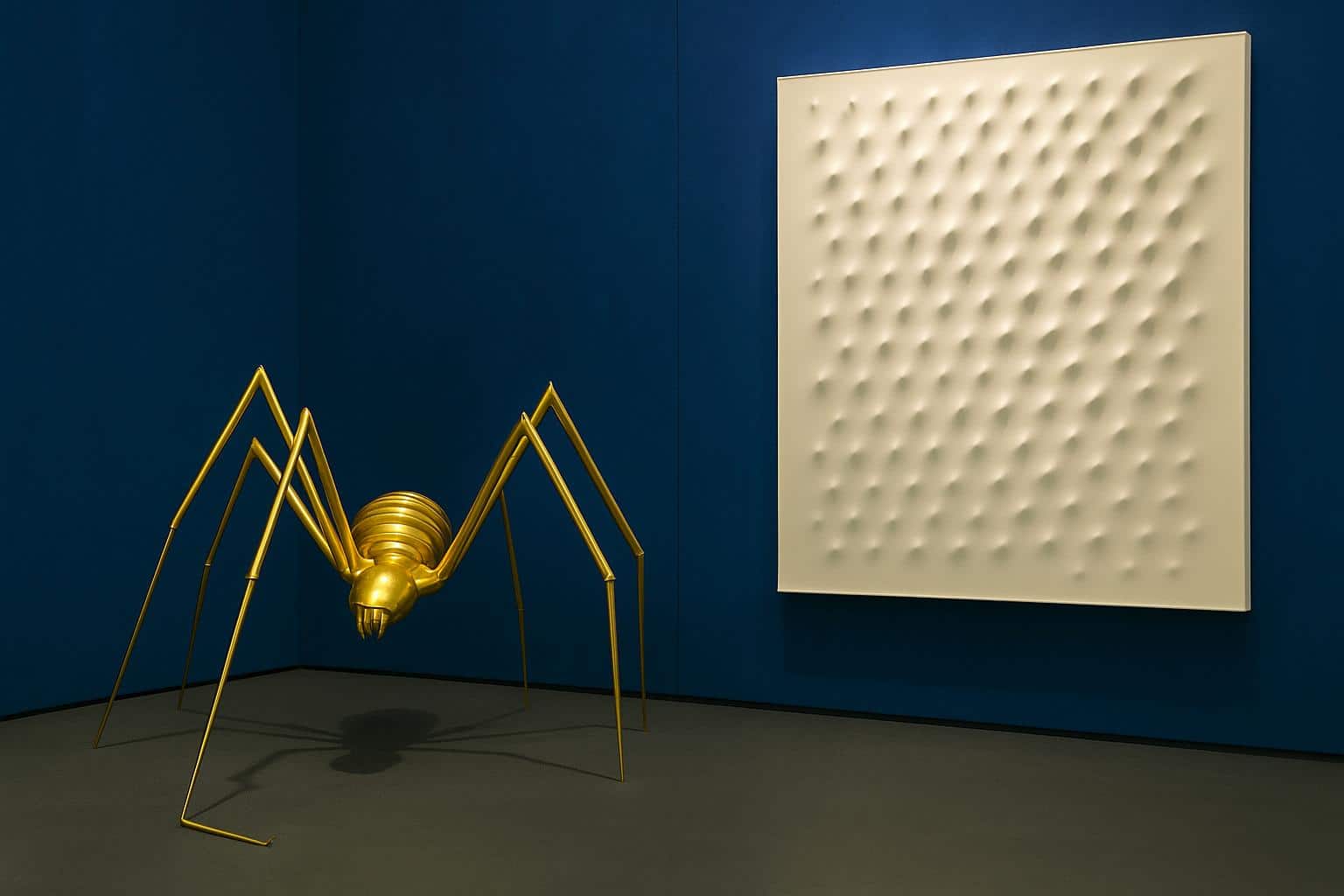Sculpture d’araignée en métal doré face à une grande toile blanche en relief, accrochée sur un mur bleu nuit dans une galerie d’art.